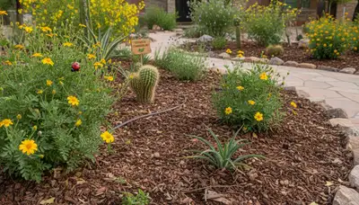 Organic landscape beds with natural mulch and native plants in Phoenix, AZ by Chop Chop Landscaping
