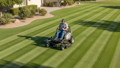 Commercial mower creating perfect lawn stripes during professional mowing service in Phoenix, AZ