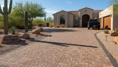 Completed interlocking paver driveway by Chop Chop Landscaping in Phoenix, AZ showcasing expert craftsmanship