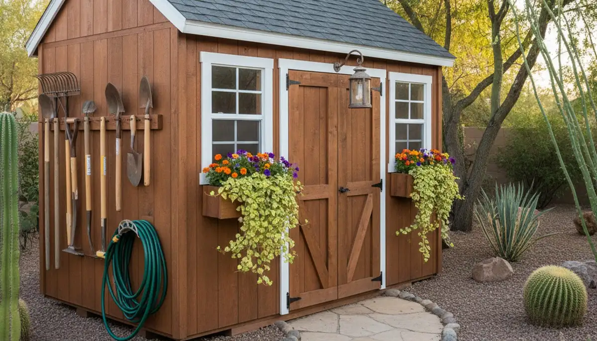 Decorative garden shed installation in Phoenix AZ showcasing custom landscaping and desert-friendly design