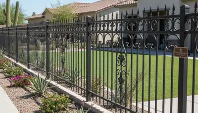 Black ornamental metal fence with decorative design installed by landscapers in Phoenix, AZ