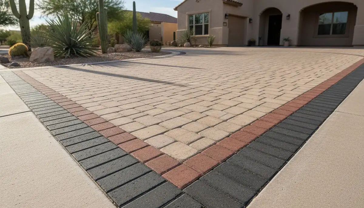 Decorative paver border and edging in Phoenix, AZ showcasing expert driveway landscaping craftsmanship