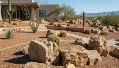 Decorative boulders and desert stone landscape design in Phoenix, AZ by Chop Chop Landscaping