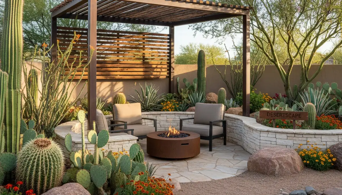 Southwest desert courtyard landscaping with seating and native plants in Phoenix, AZ