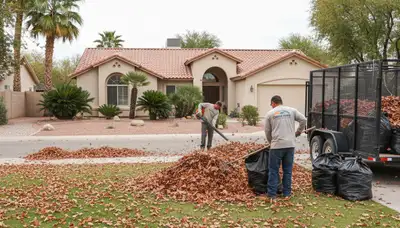 Landscapers raking and bagging fall leaves during yard clean up at a Phoenix, AZ residential property