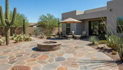 Flagstone patio installation with natural stone pavers by Chop Chop Landscaping in Phoenix, AZ