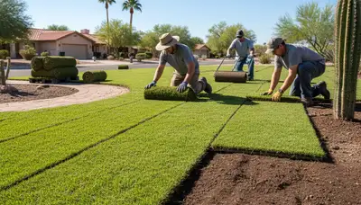 Professional landscapers installing fresh sod rolls on prepared lawn in Phoenix, AZ