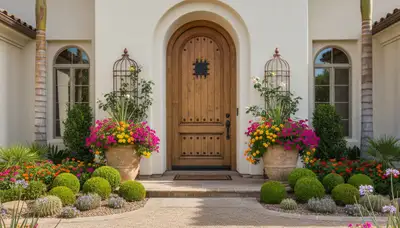 Front yard curb appeal landscape with flowers and shrubs by professional landscapers in Phoenix, AZ