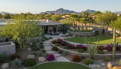 Full property landscape redesign with lawn, flower beds, and hardscaping by landscapers in Phoenix, AZ