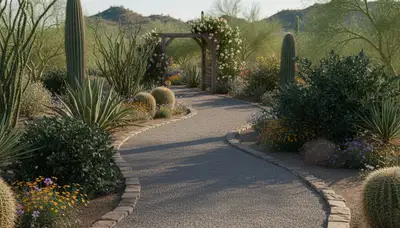 Professional pea gravel garden path in Phoenix AZ showcasing durable landscaping by Chop Chop Landscaping