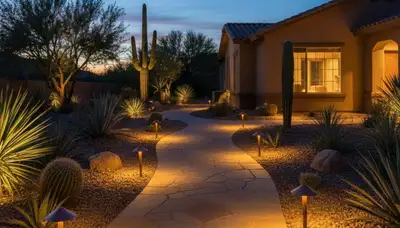 Evening walkway with landscape lighting and path lights enhancing outdoor safety in Phoenix, AZ