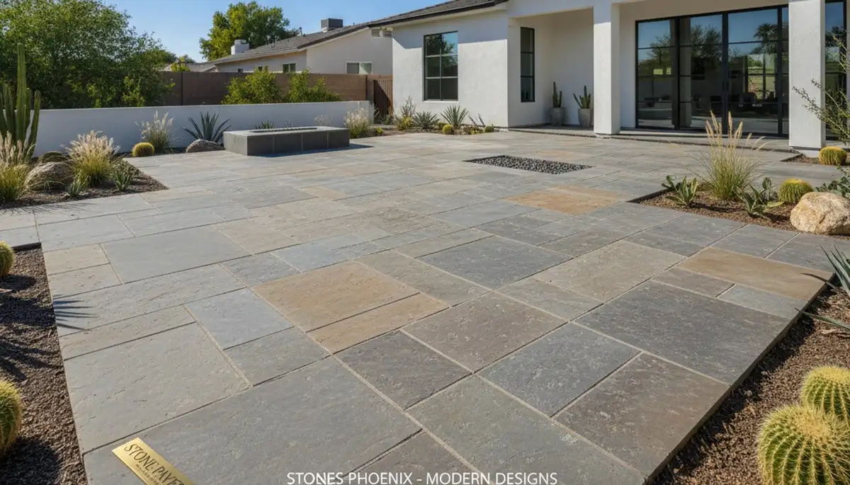 Modern large stone patio installation by professional landscapers in Phoenix, AZ
