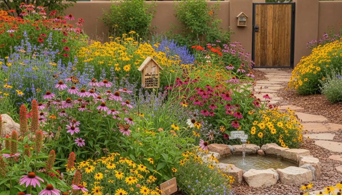 Native pollinator garden with bees and butterflies by organic landscapers in Phoenix, AZ