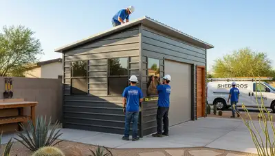 New backyard shed installation with solid foundation by professional landscapers in Phoenix, AZ