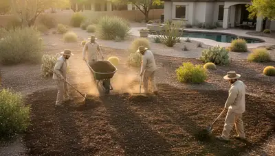 Organic compost and natural fertilizer applied to garden beds by landscapers in Phoenix, AZ