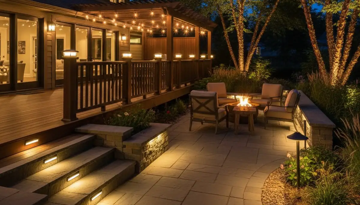 Patio and deck landscape lighting with post and step lights by Chop Chop Landscaping in Phoenix, AZ