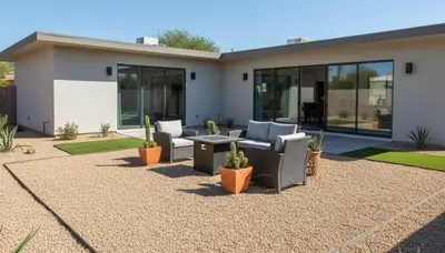 Professionally installed pea gravel patio with furniture in Phoenix, AZ by Chop Chop Landscaping