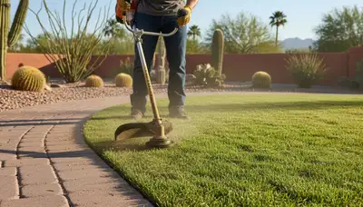 Professional landscaper edging lawn borders with string trimmer in Phoenix, AZ for clean, polished results