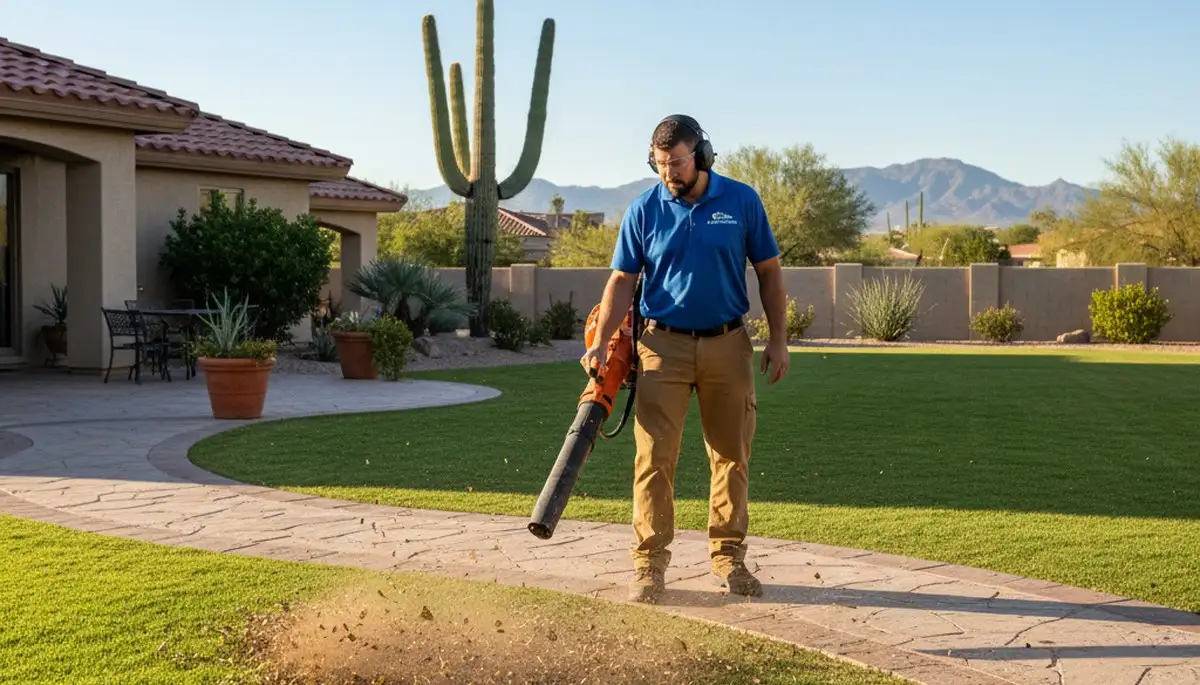 Landscaper using leaf blower for lawn debris cleanup on Phoenix, AZ property during maintenance service