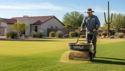 Lawn care technician fertilizing residential yard with spreader in Phoenix, AZ by Chop Chop Landscaping
