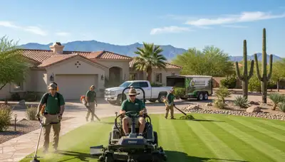 Professional lawn mowing and edging crew providing lawn maintenance service in Phoenix, AZ