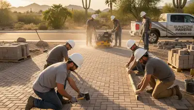 Crew installing driveway pavers in Phoenix AZ with precise base prep and leveling by Chop Chop Landscaping