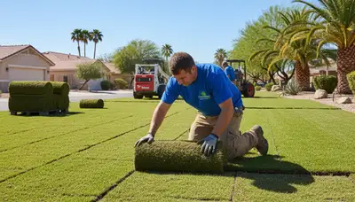 Professional landscaper installing fresh sod rolls with precision in Phoenix, AZ yard