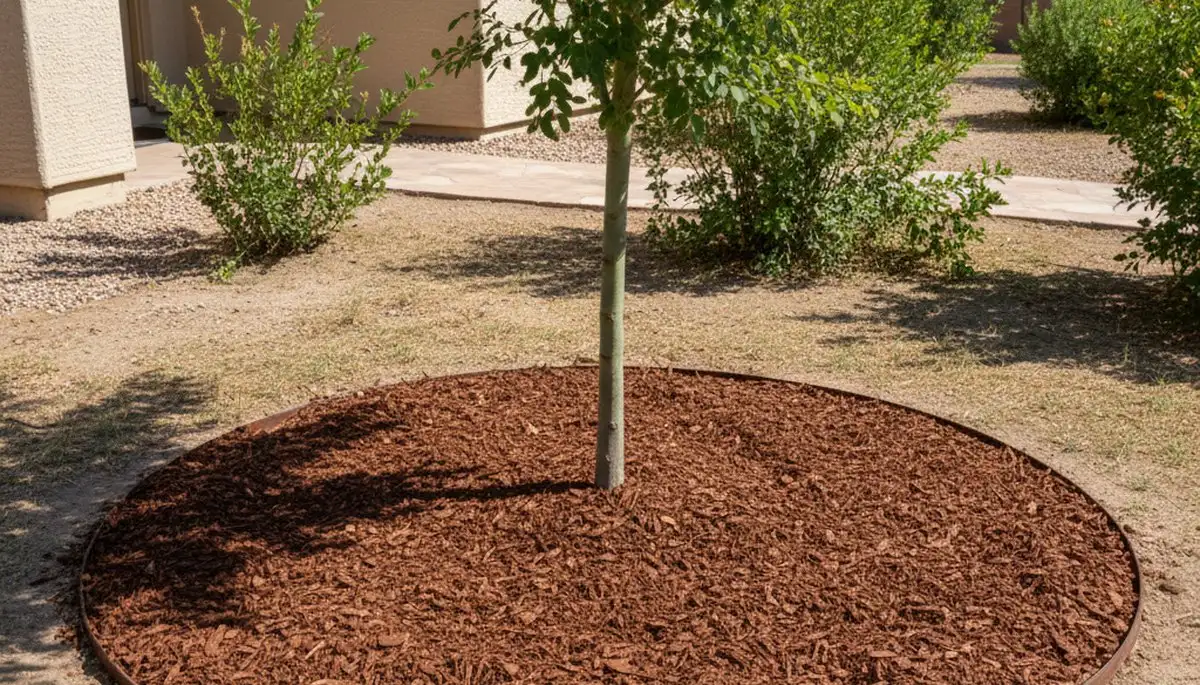 Professional tree ring mulching around trunk by landscaping experts in Phoenix, AZ