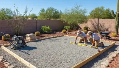 Professional shed base preparation with gravel foundation in Phoenix AZ by Chop Chop Landscaping