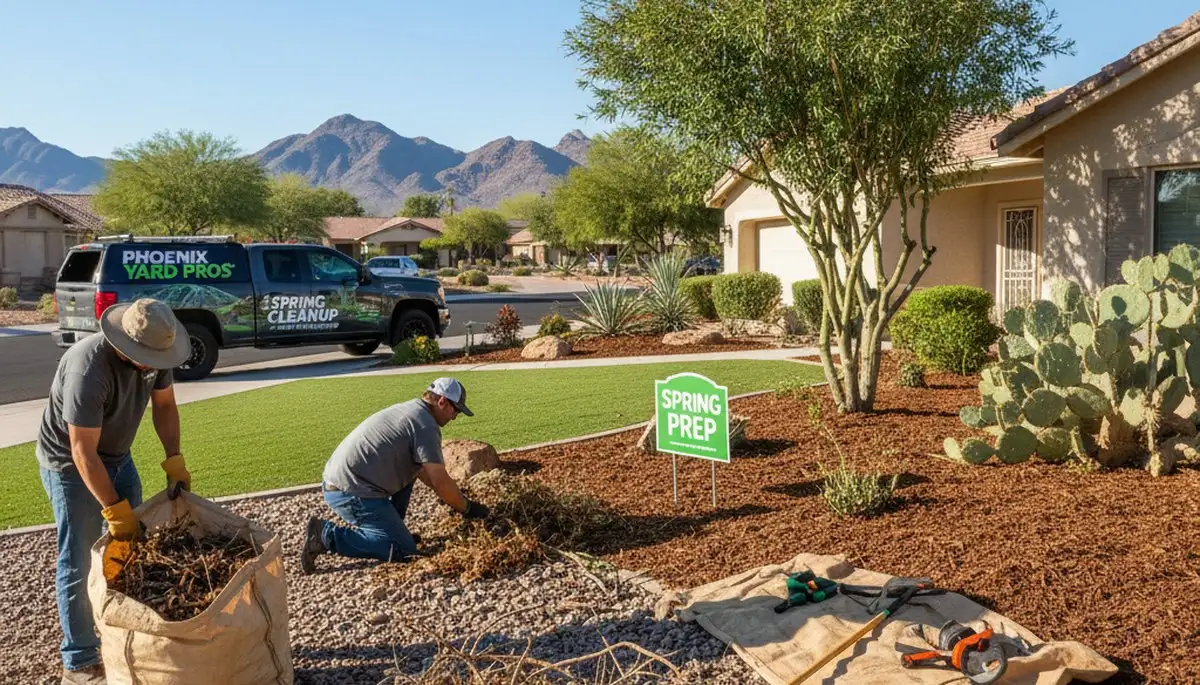 Phoenix landscapers performing spring yard cleanup, pruning, and debris removal for property refresh
