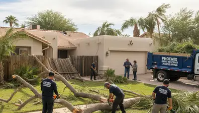 Storm debris cleanup crew restoring a Phoenix AZ yard after storm damage by Chop Chop Landscaping